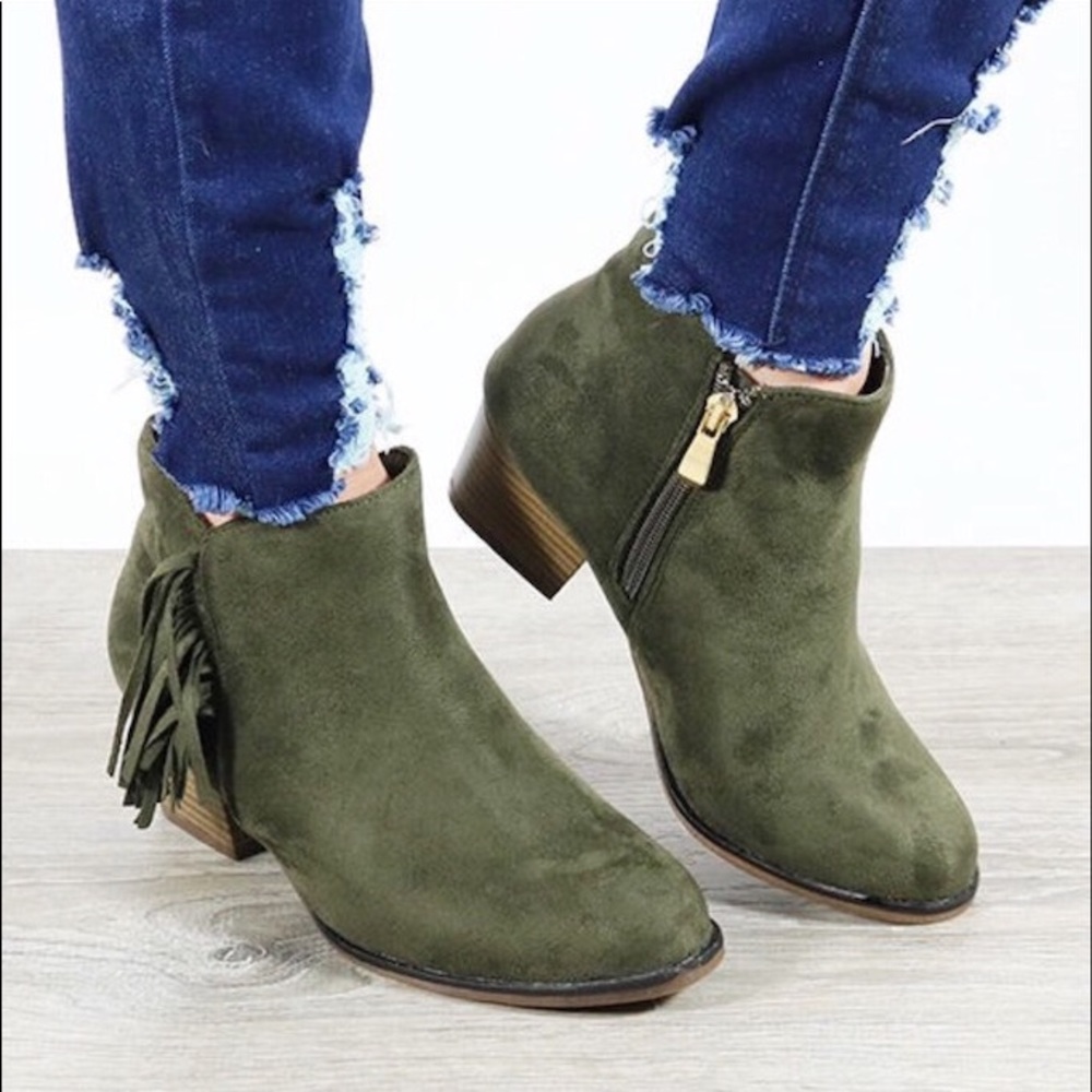 Olive fringe bootie